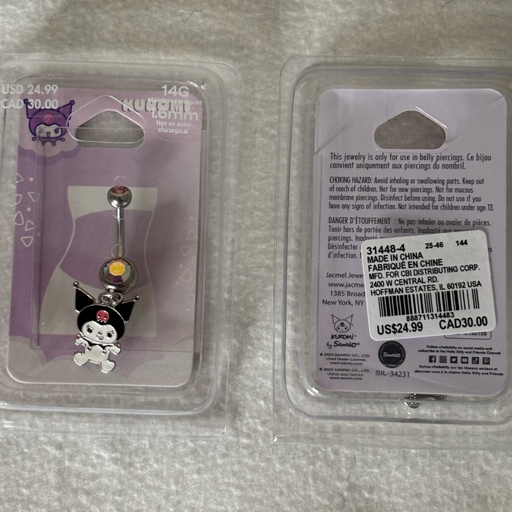 Belly Ring Claire’s KUROMI Sanrio Hello Kitty Kuromi Stainless Steel Post - Picture 3 of 4